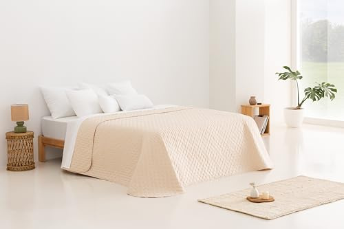 Todocama – Copriletto trapuntato sottile con motivo a stella per primavera, estate, autunno e inverno. 100% microfibra extra morbida. Copre letto multiuso. Letto da 105 a 200 x 260 cm, beige