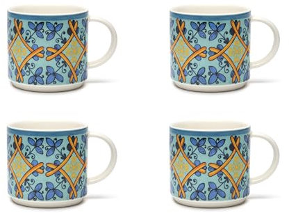 Excelsa Trinacria Set 4 Tazze da Tè in New Bone China, Decorazione Blu e Arancio