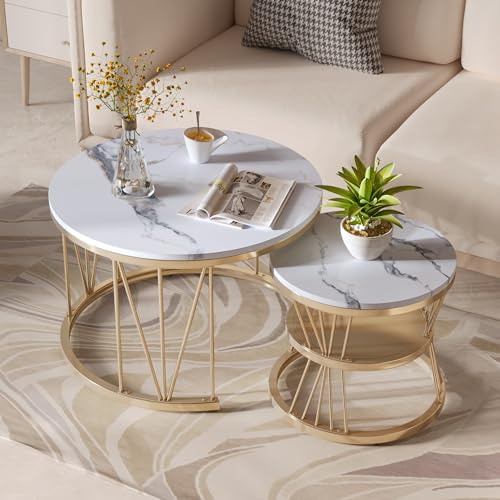 LKPOMI Couchtisch 2er Set Rund, Moderne Kaffeetische Satztische, Beistelltisch 2er Set Stapelbar mit Holzplatte und Metallrahmen, Couch Tisch Wohnzimmer Heimbüro (Gold)