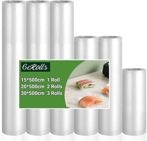 6 Rollos de Bolsas de Vacío - Bolsas para Envasadora al Vacío, 190µm, 30/20/15 × 500cm, Sin BPA, Coextrusión de Nylon, Adecuadas para Alimentos, Microondas y Sous-Vide
