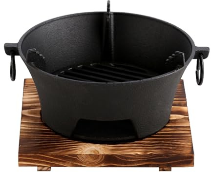 Cast Iron Fire Pit with Wooden Tray – Outdoor Cooking Utensil and Patio Heater for Barbecues, Campfires, and Gatherings – Includes Double Ear Puller