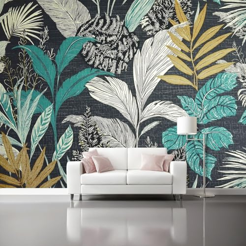 Fotomurales Plantas tropicales Plantas verdes retro Papel Tapiz Moderno 300 x 210 cm Papel pintado tejido no tejido coración Pared corativos Sala Living Oficina Dormitorio Oro verde