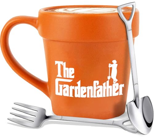 HZIZI Large 14oz Plant Lover Gifts The Gardenfather Funny Plant Pot Mug With Shovel Spoon & Rake Fork - Handmade Gardener Gifts For Men Grandpa Dad Husband Friends – Funny Gardening Lovers Coffee Mug