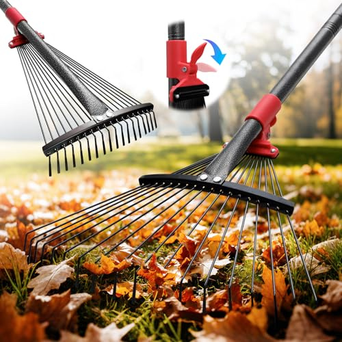 Râteau à feuilles de jardin réglable – Râteau à feuilles en métal robuste de 147,3 cm avec tête extensible (20,3 à 43,2 cm), râteau pliable pour enfants pour jardins, cour, pelouse, arbustes, petites