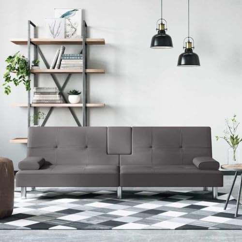 QJBSAVVA Schlafsofa Grau Kunstleder 200 cm Breite mit USB Anschluss und Getränkehaltern Verstellbare Rückenlehne Bequemes Gästebett für Wohnzimmer und Gästezimmer