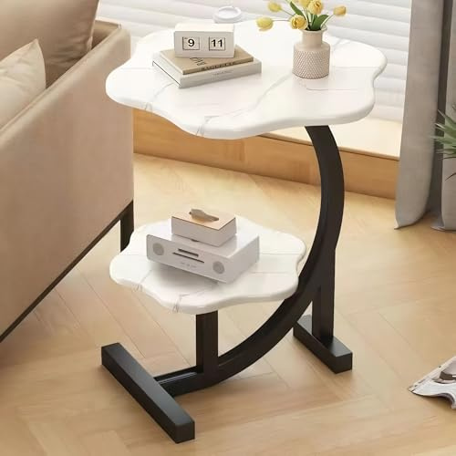 SilqueSense Small Side Table with Flower Shape Top, 2-Tier Coffee Table, Skinny Behind Couch Table, Narrow Console Table for Bedroom, Living Room, Bedside or Corner, C-Shaped Steel Frame, 62cm Height