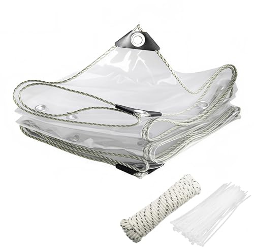 TIHOOK Telone trasparente con occhielli, telone in PVC trasparente, 450 g/mq, pieghevole, con 20 fascette per cavi, corda di fissaggio da 10 m, parapioggia, impermeabile, per esterni (2 x 6 m)