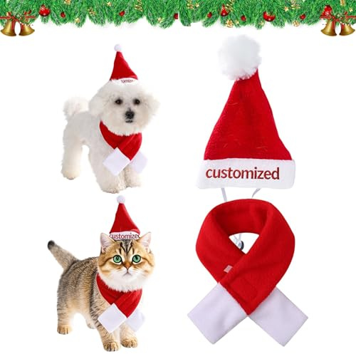 Weihnachtsmütze Hund & Weihnachtsmütze Katze 2-Teiliges Set Mit Schal, Entzückend Haustier-Weihnachtskostüm, Personalisierte Nikolausmütze mit Namen Bestickt, für Hunde Katzen