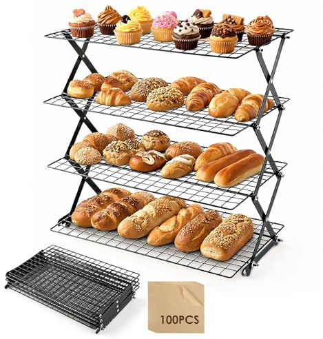 Kuchengitter Abkühlgitter aus Kohlenstoffstahl, 4-stöckiges Faltbares Kuchengitter mit Antihaft, 100pcs Backpapier, Platzsparendes Backzubehör für Kuchen, Grillen, Kekse und Plätzchen, Schwarz
