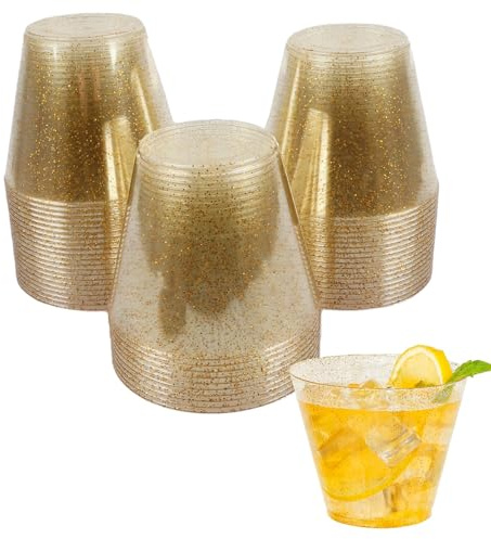 XIANJIA 50 Pack Clea Plastic Cups 9oz Party Cups | Plastic Wine Glasses, Reusable Elegant Party Cup with Gold Rim for Beer, Spritzers, Juice, Water, Smoothies, Spirits