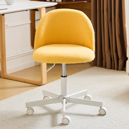 Bonnlo Bürostuhl mit Rollen, Schminktisch Stuhl, Höhenverstellbar Schreibtischstuhl für Arbeitszimmer, Schlafzimmer, Homeoffice, Teddystoff (Gelb)