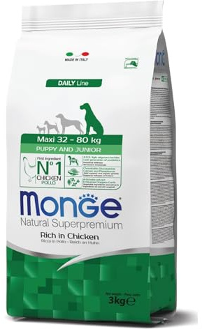 Monge Natural Superpremium PUPPY AND JUNIOR RICH IN CHICKEN, Hundefutter für alle Rassen (Trockenfutter für Hunde zwischen 32 - 80 kg, mit Huhn, sehr Ballaststoff- & Vitaminreich, 3 kg)