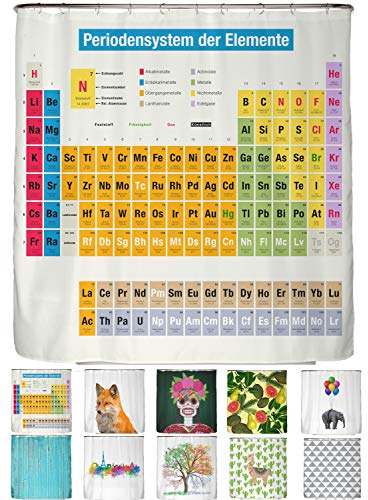 arteneur® - Duschvorhang Periodensystem Deutsch - Anti-Schimmel Duschvorhänge 180x200 - Recycelt mit Öko-Tex Standard 100 - Beschwerter Saum, Blickdicht, Wasserdicht, Waschbar, 12 Ringe & E-Book