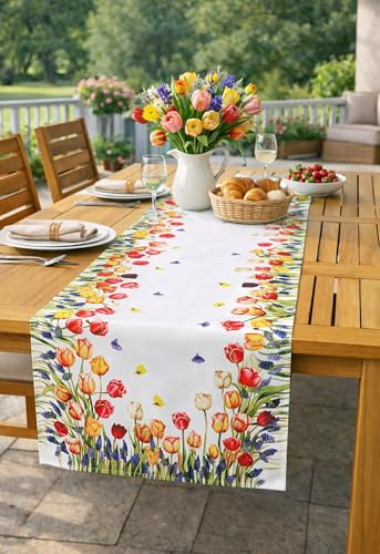 KAMACA Tischläufer Tulpen und Schmetterlinge – 40x90 cm Läufer für Frühling & Sommer – Farbenfrohes Tulpen-Design für Küche & Beistelltisch – Tischwäsche waschbar & ganzjährig dekorativ