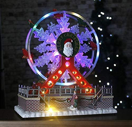 Garden Mile Musical Christmas Village Scene Ferris Wheel – Light-Up Moving Christmas Ornament with LED Lights & Music – Battery-Operated Festive Decoration for Table, Mantelpiece & Home Décor