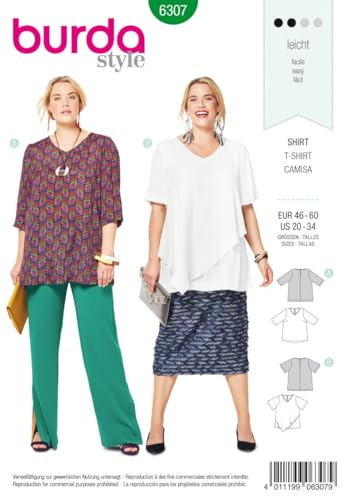 Patron Burda 6307 - Blouse pour femmes de 48 à 62, Blanc, 46-60