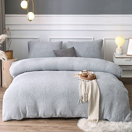 EDS Teddy Fleece Double Size Duvet Cover Sets Supersoft Fluffy Thermal Warm Luxury Quilt Cover Bedding Set with Pillow Cases (Double, Silver)