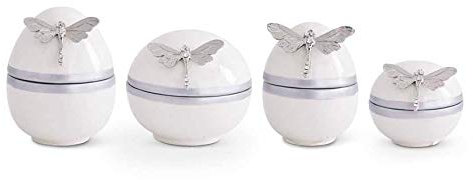 K&K Interiors 15266A Set Of 4 White Ceramic Round And Egg Shaped Boxes With Silver Dragonfly