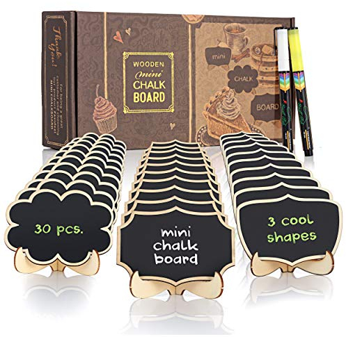 30 STK. Abwischbare Mini Tafel mit Löschbar Kreidemarker - Klein Holz Kreidetafel mit Ständer- als Tischkarten Platzkarte Namensschild Preisschilder für Hochzeit, Geburtstag usw. Verwenden