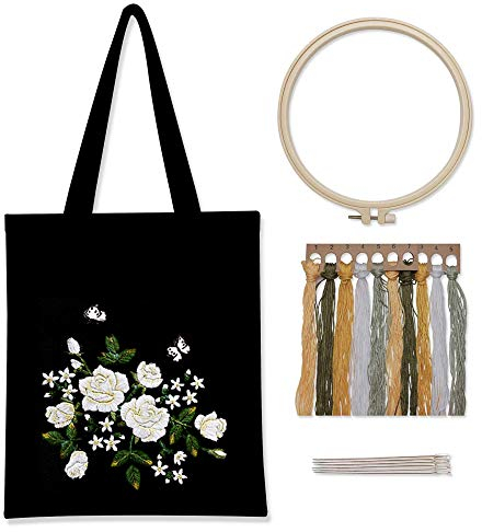Gigicloud Schwarze Leinen-Tragetasche, Stickset mit Muster und Anleitung (evtl. nicht in deutscher Sprache), inklusive Sticktasche mit Blumenmuster,Farbfäden und Werkzeug, weiße Rose