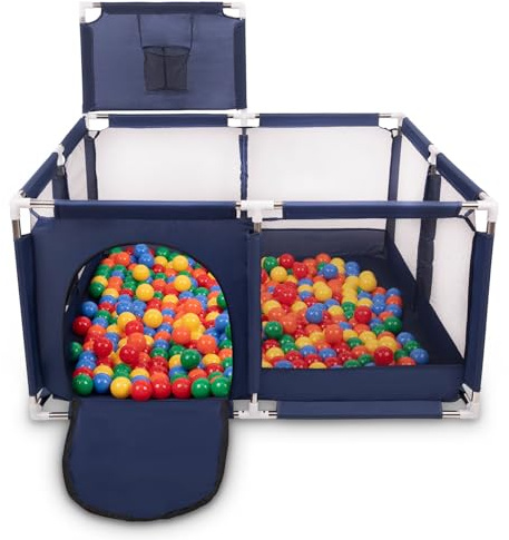 Selonis Laufstall Mit Korb Und 100 Bälle Laufgitter Für Kinder, Blau:Grün/Gelb/Blau/Rot/Orange