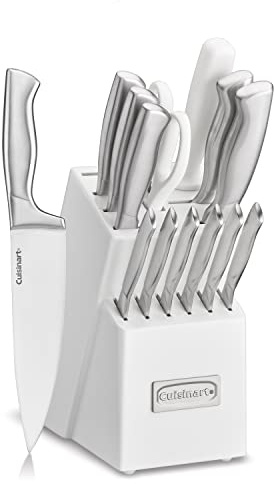 Cuisinart Juego de cuchillos de bloque profesional, juego de 15 cuchillos con cuchillas de acero para un corte preciso, ligero, acero inoxidable duradero y apto para lavavajillas, color blanco