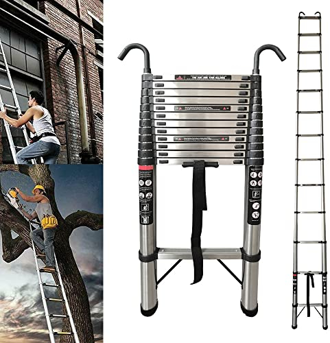Telescopic Folding Ladder 5M Multi Purpose Collapsible Concertina Loft Ladders Heavy Duty Sturdy Stainless Steel Straight Ladder with Detachable Hooks for RV or Outdoor Work, 330lb Capacity