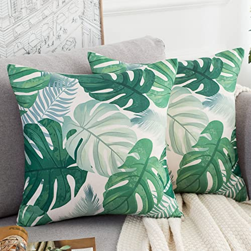 Fodere per Cuscini Foglie di Palma Tropicali Piante Verde 45x45 cm Set di 2 Fodera per Cuscino in Poliestere Lino Copricuscini Decorativi per Divano Auto Camera da Letto Soggiorno Patio Giardino Casa