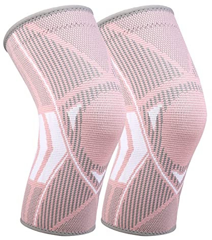 Ruilala Knee Support Adjustable Knee Brace 2 Pack for Men Women Anti Slip Compression Knee Sleeve for Meniscus Tear, Arthritis, Tendinitis, Ligament Injury, Weight Lifting, Sports (Pink, M)