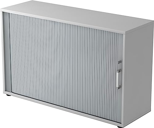 bümö Aktenschrank abschließbar mit Rollladen, Rollladenschrank für Ordner & Co. - Büroschrank mit Rollo, abschließbarer Ordnerschrank aus Holz in Grau/Silber mit Chromgriff