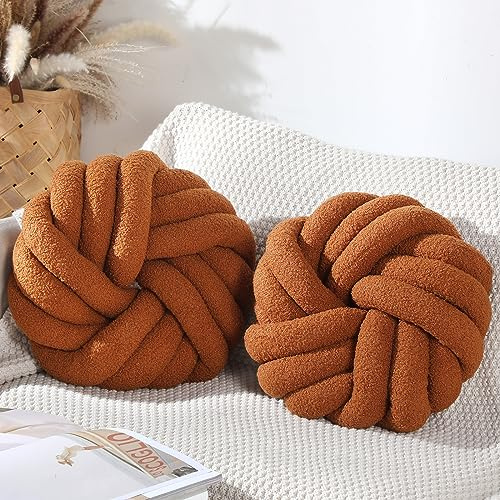 Marsui 2 Pieces Knot Ball Pillows 14 x 14 Inch Decorative Pillow for Couch Bedroom Plush Throw Knot Pillow Soft Handmade Chair Cushion for Living Room Car Decorations (Caramel)