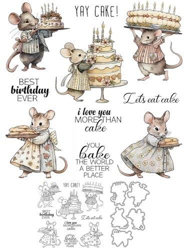 YIXUAN Happy Birthday Cakes Sweet Cute Mouse Family Clear Stamps and Metal Cutting Dies Set with Package Envelope Box for Card Making DIY Scrapbooking Supplies Silicone Stamp Knife Mold for Crafts