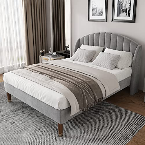 MYBOO Polsterbett 140x200 mit Lattenrost und Samt Kopfteil, Jugendbett, Bettgestell für Erwachsene & Jugendliche, Holzlattenunterstützung, Einfache Montage, Grau