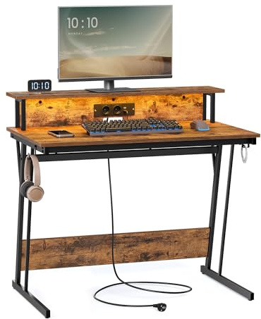 VASAGLE Schreibtisch, Gaming Tisch mit eingebauter Steckdosenleiste, Computertisch, mit Monitorständer für 2 Monitore, Schlafzimmer, 60 x 100 x 76 cm, vintagebraun LWD191K01