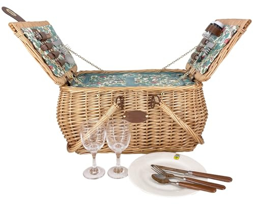 Les Jardins de la Comtesse - Panier Pique Nique Giverny - 2 Personnes - Vert - Complet avec Compartiment Isotherme - Vaisselle comprise - Motif Fleuri - 45 x 36 x 23 cm