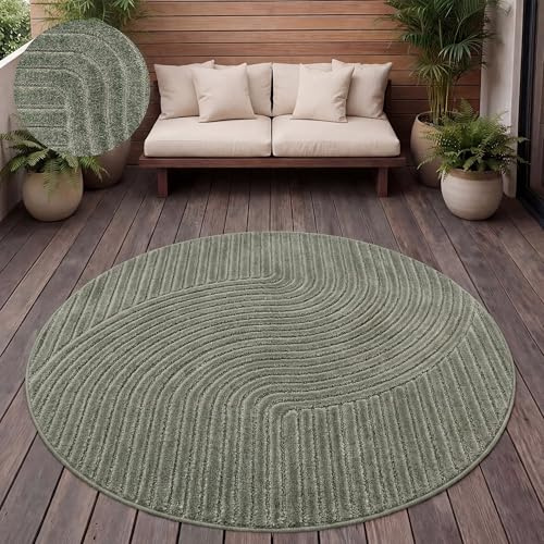 Paco Home Teppich Outdoor Wetterfest, Moderne abstrakte Boho Designs mit 3D Struktur, Pflegeleicht, ideal für Terrasse Wohnzimmer & Küche, Grösse:120 cm Rund, Farbe:Grün