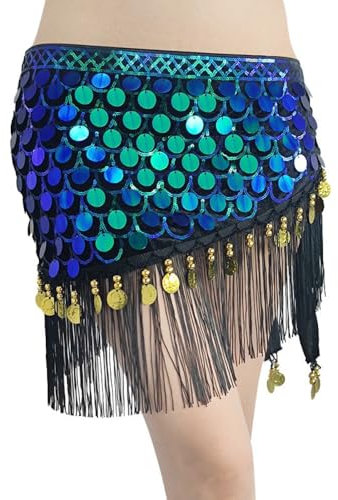 Whakano Glitzer Damen Bauchtanz Gürtel Hüfttuch Belly Dance Performance Kostüm,Quasten Pailettenrock,Tanztuch mit Pailletten,für Mädchen und Frauen Halloween Karneval Kostüm,Latein,Bunt Grün