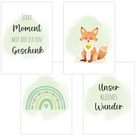 4er Set Baby DIN A3 Bilder mit Fuchs, Regenbogen und Sprüchen, Poster mit Tiermotiv für Babyzimmer, 200g/m² Papier, Kinderzimmer Wanddeko, für Bilderrahmen, Dekoration für Jungen & Mädchen, Grün