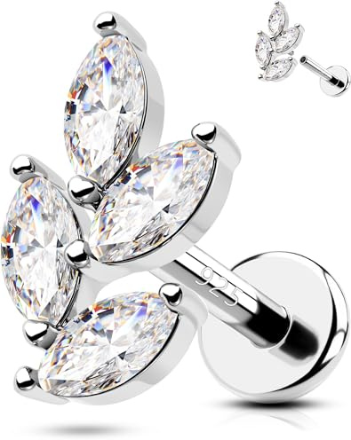 OUFER 16G 6 mm Silber 925 Helix Ring Tragus Piercing Internally Threaded Silber Conch Piercing Blätter Knorpel Ohrpiercing Clear CZ Helix Piercing Schmuck