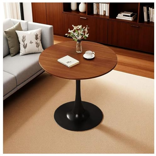 Runden Holz Esstisch Klein Tulpentisch Für 2-4 Person, Retro Nussbaum Küchentisch Für Küche, Freizeit Holz Mitte Des Jahrhunderts Moderner Tisch Mit Metall Sockelbasis Für Cafe, Wohnz(Size:60x60x75cm)