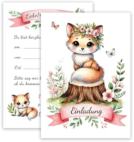 E&G Klasse 10x Kinder Einladungskarten Einladung Kindergeburtstag Fuchs Party Waldtiere Aquarell Mädchen Jungen Geburtstagsfeier zart Rosa Geburtstag Einschulung