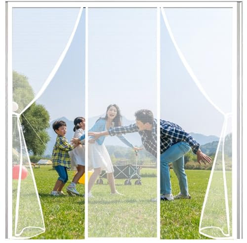 Blanc Double Ouvert Rideaux Toile Insect Ecran,W225xH195cm Facile à Installer sans Percer Moustiquaire Porte AimantéE Anti Insecte Mouche Portes De Balcon Portes Coulissantes