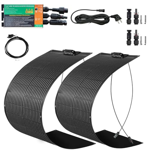 Solarpanel Flexibel mit 230V 300Watt Wechselrichter, Balkonkraftwerk komplettset Steckdose Plug & Play, 2 x 100W Flexibles Solarpanel 200W, Photovoltaik Balkon Komplett