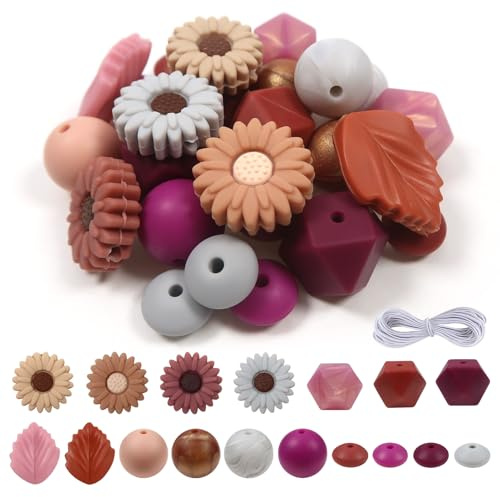 TOAOB Perles en Silicone pour Bracelets 36pcs Perle en Silicone attache pour stylos Rouge Thème 12mm à 20mm avec Corde Élastique de 2m pour la Fabrication de Porte-clés Colliers de Bijoux
