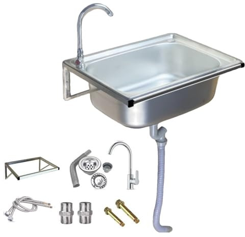 DYUNCZ Evier Exterieur, Évier Utilitaire Mural en Acier Inoxydable, Lave-mains Professionnel avec Kit de Vidange et Robinet Col de Cygne, pour Garage, Hôtel ou Buanderie(60x45cm)