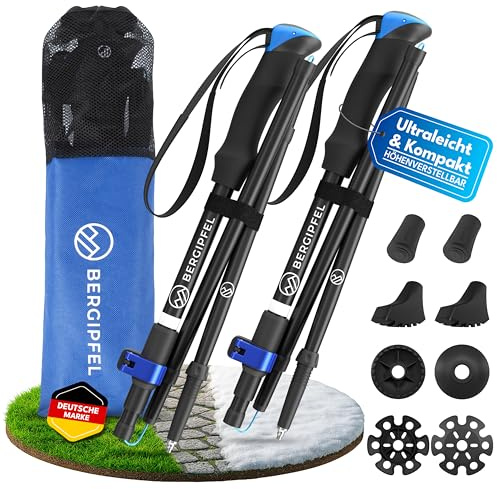 Bergipfel Teleskop-Wanderstöcke|Ultraleicht 270g|faltbar auf 37cm|verstellbar 115–130cm|Walkingstöcke aus Flugzeugaluminium|mit All-Terrain-Zubehör und Tasche|für Damen, Herren, Jugendliche