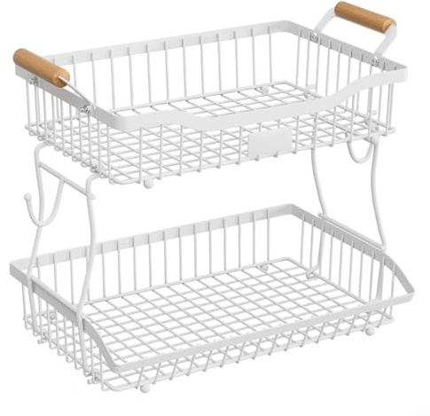 HOHOVYVY Cesta de frutas de 2 pisos de metal con soporte para plátanos, cesta para verduras, organizador de cocina, frutero (blanco)
