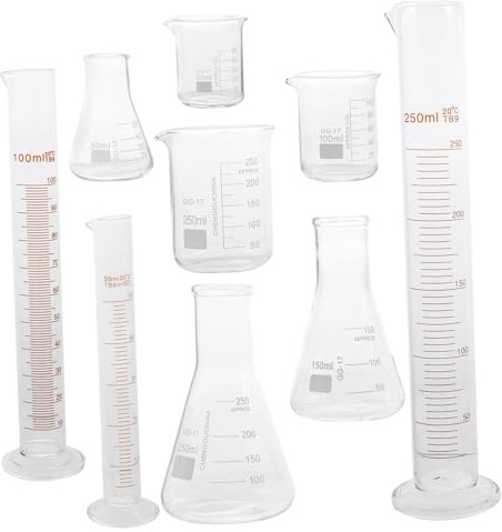UKCOCO 9pcs Laboratory Glassware Set with Conical Flasks Beakers and Graduated Cylinders Borosilicate Heavy Duty Measuring Tools for Chemistry Experiments Organic Distillation and Precise