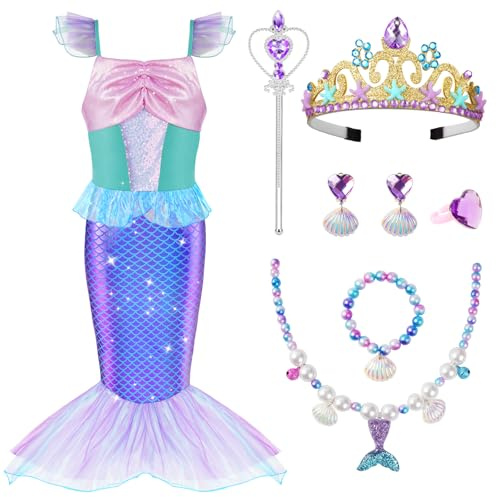 AOOWU Deguisement Robe Princesse Ariel Costume de Sirène pour Enfant Fille, Ariel Robe avec Couronne Baguette Magique bijoux, Deguisement Sirene pour Filles fête d'anniversaire Halloween Carnaval