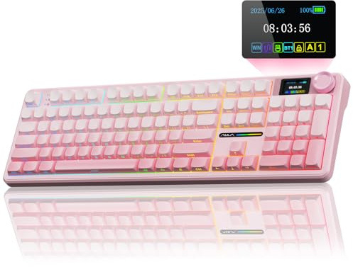 AULA F108 Pro Wireless Gaming Keyboard,Full Size Mechanical Keyboards with Display&Knob,2.4G/BT5.0/USB-C,Five Layers Filling,8000mAh,RGB,Creamy Sound,Hot Swappable Custom Keyboard (Pink)